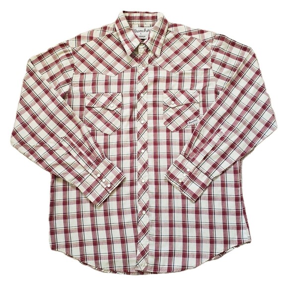Vintage Wrangler Wrancher Size Large Pearl Snap Mens Button Up Long Sleeve Plaid - Picture 1 of 6
